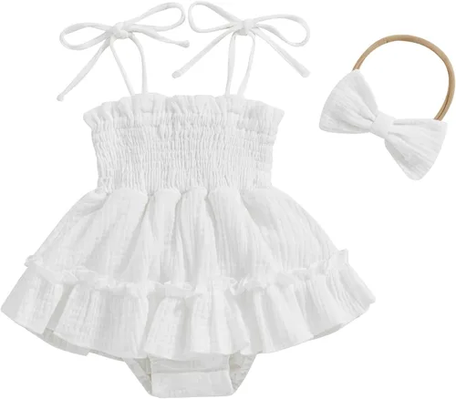 Vista 18 de Body sin mangas para bebé recién nacida con cuello halter y volantes, mameluco enterizo con diadema, conjunto de ropa de verano Albaricoque