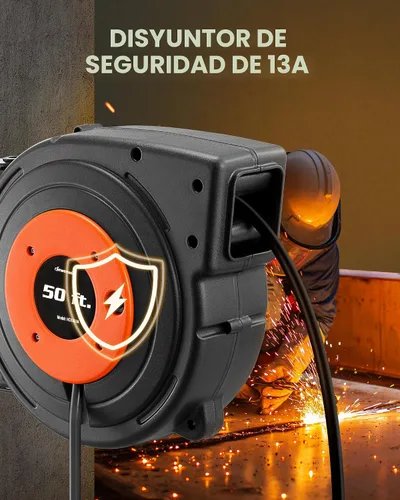 Vista 5 de DEWENWILS Carrete de cable de extensión retráctil, cable de alimentación resistente de 50 pies, 14AWG/3C SJTOW, 3 tomas de tierra con triple llave