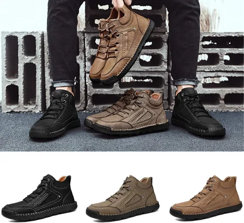 Vista 6 de PURCHAWEE Zapatos de senderismo de cuero para hombre, botas Chukka, costura a mano, antideslizantes, buen soporte de arco, zapatos casuales