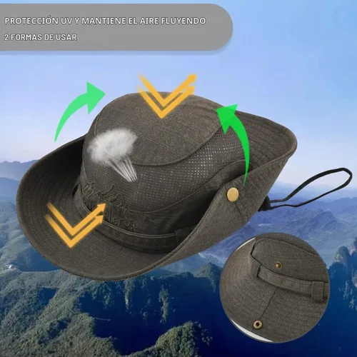 Vista 3 de Sombrero de sol para hombre, bordado de algodón, para verano, protección solar, ala ancha, plegable, estilo safari, boonie Verde militar