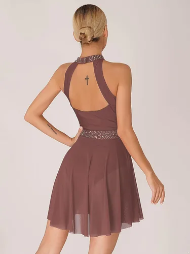 Vista 2 de Disfraz de danza lírica para mujer, cuello halter, falda fluida, leotardo de ballet, ropa de baile moderna y contemporánea