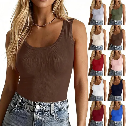 Vista 10 de Camisetas sin mangas para mujer, cuello redondo, acanaladas, lisas, ligeras, ajustadas, básicas, trajes de verano 2026