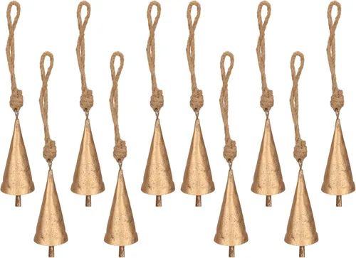 Vista 15 de Juego de 10 cascabeles y campanas de vaca doradas rústicas para manualidades, juego de cencerros pequeños vintage de 3.15 pulgadas con cuerda de Oro