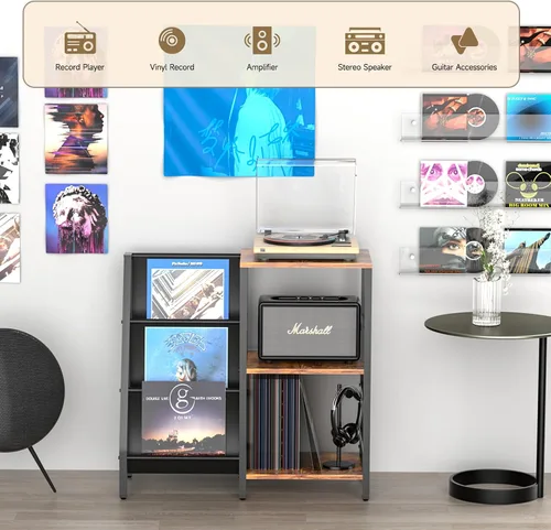 Vista 3 de Coco Bird - Soporte para tocadiscos de vinilo con almacenamiento de 3 niveles, estante de exhibición para tocadiscos para 200 álbumes, mesa