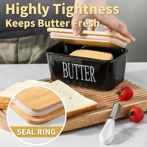 Vista 4 de Hasense Mantequillera con Tapa, Plato de Mantequilla de Cerámica con Cuchillo para Encimera, Recipiente Hermético Cubierto para Mantener Negro