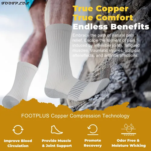 Vista 2 de FOOTPLUS Calcetines de compresión de cobre para senderismo, unisex, con suela acolchada y soporte de arco atlético, calcetines para correr