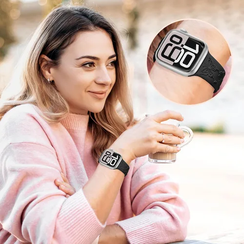 Vista 4 de Melyis Correa deportiva de silicona suave grabada con diseño floral y mariposa compatible con Apple Watch de 1.575 pulgadas, 1.614 pulgadas, 1.496