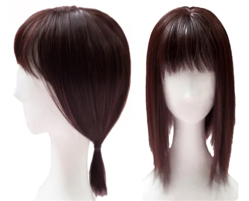 Vista 8 de Extensiones de pelo liso de fibra sintética de 14 pulgadas con flequillo de irregularidad (negro delgado)