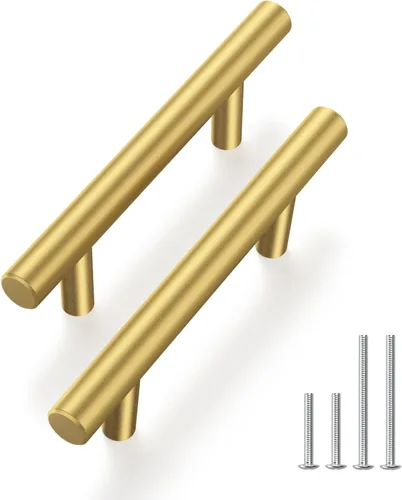 Vista 15 de Haliwu Paquete de 5 manijas doradas de gabinete de cocina de 2-1/2 pulgadas para tiradores de cajón, tiradores dorados cepillados, accesorios