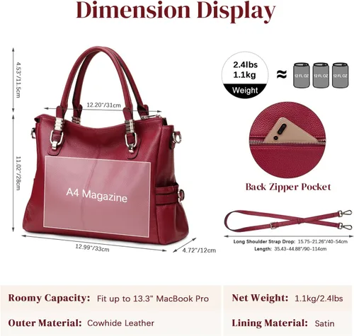 Vista 3 de S-ZONE bandolera con manija de cuero auténtico clásica para mujer, cartera para mujer