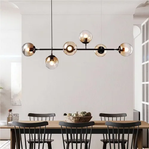 Vista 3 de BOKT Moderna lámpara colgante de bola de cristal de 6 luces para isla de cocina, lámpara colgante lineal para sala de estar, comedor