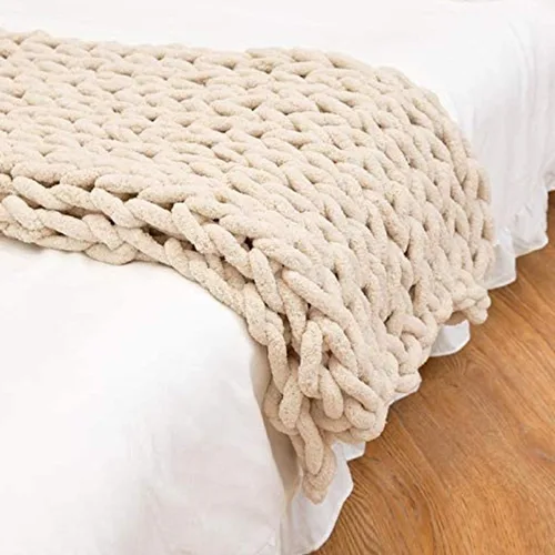 Vista 2 de Manta de punto grueso de felpilla beige, hecha a mano, voluminosa, suave, esponjosa, de gran tamaño, trenzada a mano, para sofá, regalo bohemio, 24