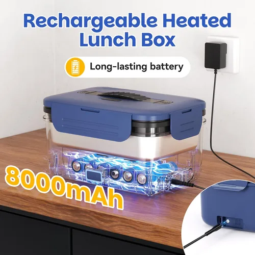 Vista 5 de Vingud Lonchera eléctrica inalámbrica para adultos, lonchera térmica recargable de 1.8 L, calentador de alimentos, lonchera portátil autocalentable
