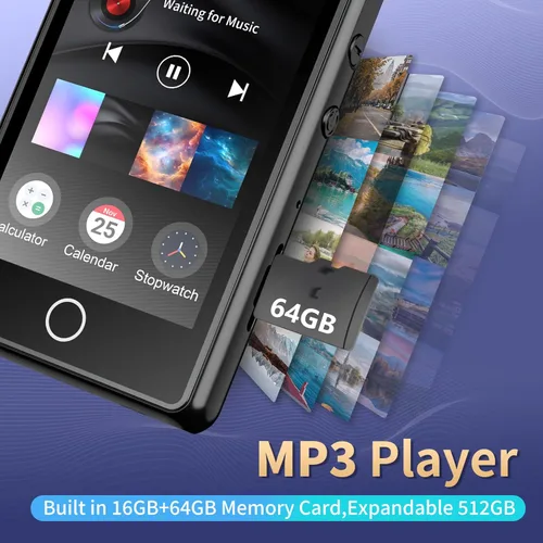 Vista 6 de Reproductor de MP3 para niños, reproductor MP3 Bluetooth de 80 GB, reproductor de música digital portátil HiFi Sound Formato de video completo, Negro