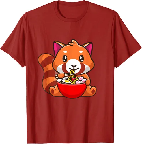 Vista 40 de Camiseta Kawaii Anime Red Panda Eating Ramen Noodles, Negro, S