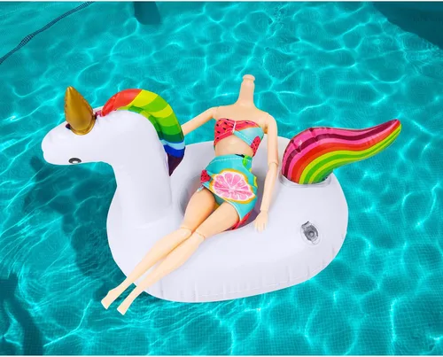 Vista 5 de Flotador inflable para muñecas para piscina, incluye flamencos, donas, piñas, conchas, cangrejos, conejo, soporte inflable para bebidas para fiestas