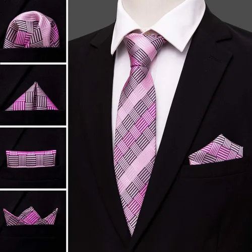 Vista 5 de YOHOWA Conjunto de corbatas a cuadros para hombre de seda negocios boda formal a la moda corbata y bolsillo cuadrado