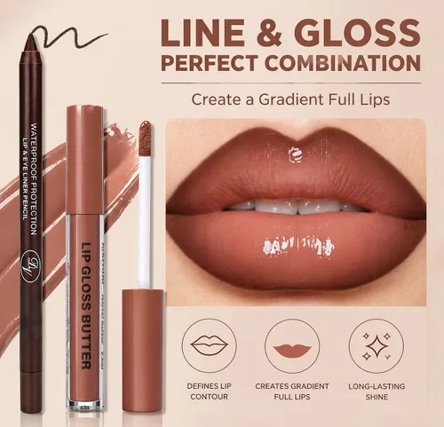 Vista 56 de BAISEN DIARY 2 en 1 doble punta mate delineador de labios y brillo de labios, lápiz combinado de labios marrón nude degradado, delineador de labios