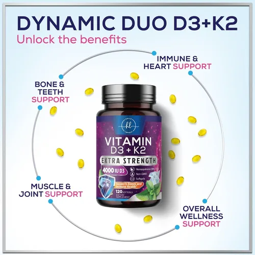 Vista 5 de Vitamina D con K2 (MK-7) – Vitamina D3 4000IU (125 mcg) por porción – Suplemento complejo D3K2 para huesos, dientes, músculos, absorción de calcio