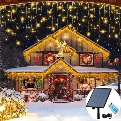 Vista 8 de Luces solares de Navidad de 320 LED, luces de cortina impermeables para decoraciones navideñas al aire libre, 29.5 pies, 60 gotas, 8 modos, luces