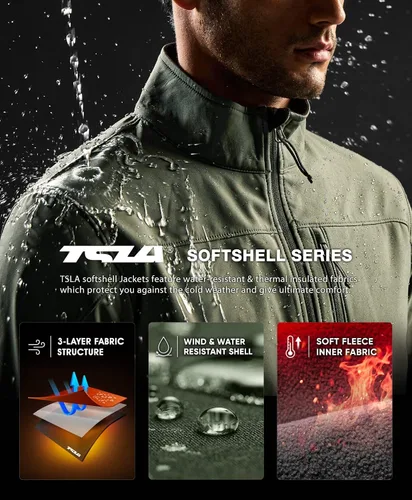 Vista 4 de TSLA - Chaqueta de invierno Softshell con cierre completo para hombre diseño con forro de vellón impermeable y resistente al viento para deportes al