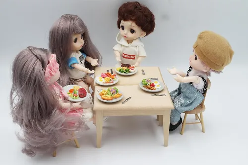 Vista 6 de Juego de comida en miniatura para casa de muñecas hecha a mano, 5 platos realistas, mini accesorios de comida de arcilla seca al aire, decoración