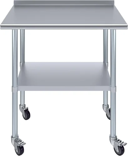 Vista 2 de AmGood Mesa de trabajo de acero inoxidable con protector contra salpicaduras de 1.5 pulgadas y ruedas NSF Mesa de preparación de alimentos