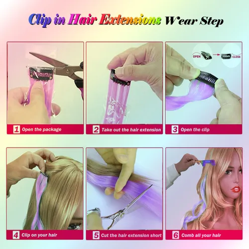 Vista 4 de 24 extensiones de cabello con clip de color, 22 pulgadas de largo, lacio, sintético, multicolor, resaltado para fiestas, para mujeres y niñas