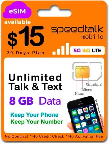 Vista 10 de Tarjeta SIM prepaga para teléfonos móviles y celulares SpeedTalk Mobile para teléfonos inteligentes y celulares Plan mensual de $11 - Llamadas
