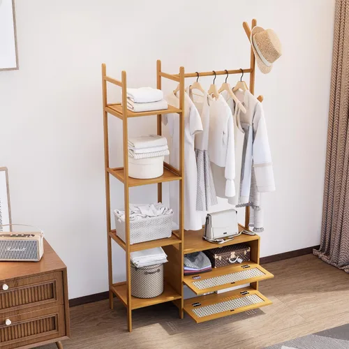 Vista 3 de Perchero de Ropa de Bambú, Perchero con Cajones y Estantes, Estantes de Almacenamiento de 5 Niveles con 6 Ganchos para Colgar, Armario Closet