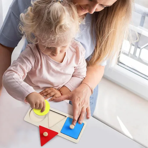 Vista 7 de Rompecabezas de clavijas de madera con forma de madera Montessori, panel geométrico de madera, tablero de perilla de madera, rompecabezas