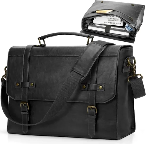 Vista 13 de RAINSMORE Bolsa de mensajero para hombre de 17 pulgadas, impermeable, de piel vintage, maletín para laptop, bolsa grande para laptop, cartera, bolsa