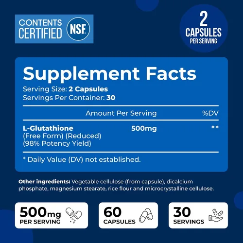 Vista 3 de We Like Vitamins Suplemento de glutatión certificado NSF 500 mg - 60 cápsulas de L-glutatión reducido para apoyo antioxidante e inmunológico