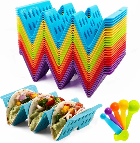 Vista 8 de Juego de 12 soportes para tacos, juego de servicio de barra de tacos para una fiesta, bandejas grandes para tacos, soporte para tacos duros