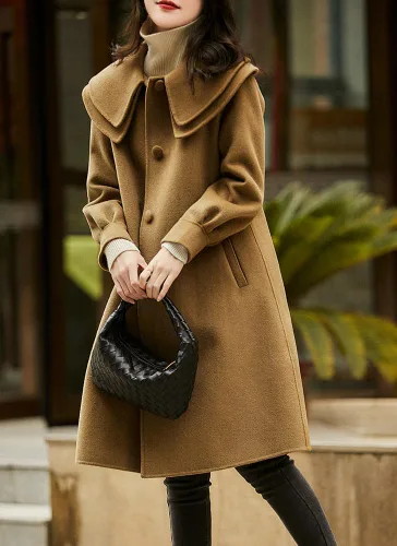 Vista 2 de chouyatou Abrigo de lana con cuello Peter Pan para mujer, abrigo de invierno de un solo pecho para invierno