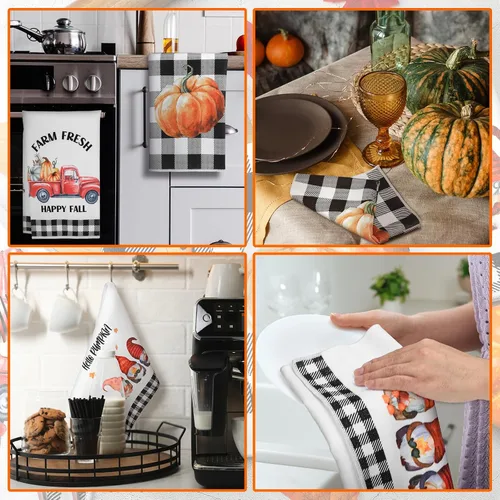 Vista 5 de Sratte 4 piezas de toallas de cocina de Acción de Gracias, toallas de mano de otoño 16 x 24 pulgadas, paño de cocina de calabaza, gnomo de otoño