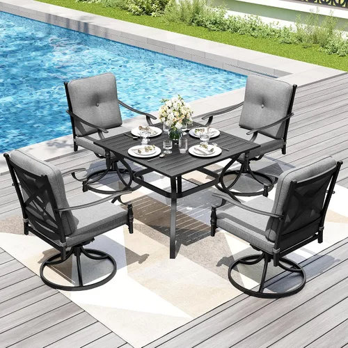 Vista 13 de PHI VILLA - Juego de comedor para exterior de 7 piezas para 6, mesa rectangular de acero negro con sillas fijas y giratorias de hierro, gran juego