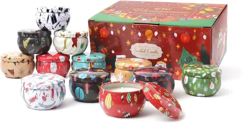 Vista 8 de Paquete de 12 velas perfumadas de Navidad, velas de tarro de 2.5 onzas, juego de 12 velas perfumadas de Navidad con fragancias navideñas