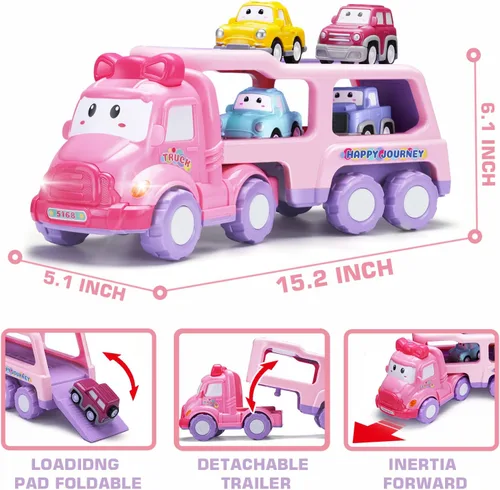 Vista 4 de Vehículo de juguete de dibujos animados para niña pequeña, camión transportador rosa 9 en 1 para bebés, automóvil de transporte de energía