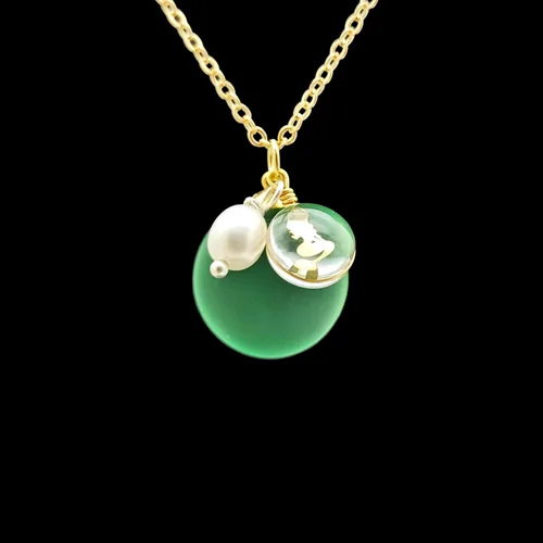 Vista 3 de Green Oval Sea Glass Mermaid Nature Freshwater Pearl December Birthstone Pendant Gold Plated Necklace for Women Handmade