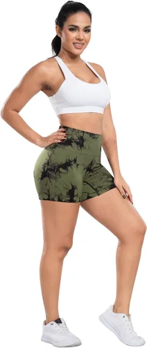 Vista 4 de CHRLEISURE Pantalones Cortos de Entrenamiento para Mujer, 4 Paquetes, Cintura Alta, Levantamiento de Glúteos con Fruncido, Pantalones Cortos Booty