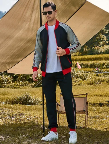 Vista 4 de PASOK Conjunto deportivo de 2 piezas para hombre, con cremallera completa, para correr, ropa deportiva, Negro (Style 3 Black)