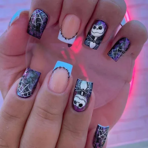 Vista 14 de Uñas postizas de Halloween a presión medianas con diseño de ataúd oscuro gótico embrujado, castillo muerto, diseño de árbol muerto, uñas postizas
