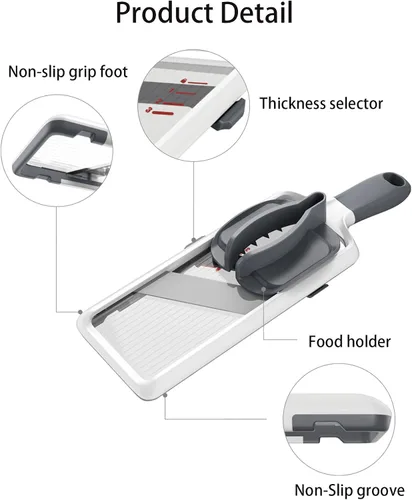 Vista 7 de Cortador de mandolina para cocina, hoja de acero inoxidable ajustable, cortador de verduras, cortador de verduras con agarre antideslizante, gris