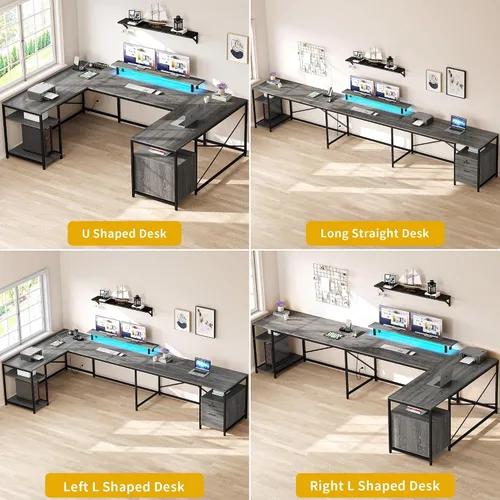 Vista 3 de DWVO Escritorio en forma de U con cajones 79" Reversible L Shaped Desk with Power Outlets & LED Lights, Corner Computer Desk with Monitor Stand &