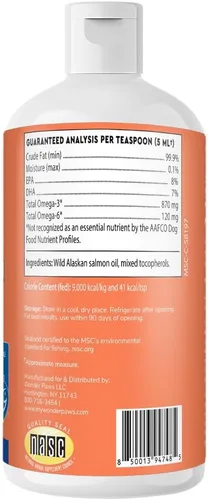Vista 7 de Aceite de salmón salvaje de Alaska prémium para perros, aceite de pescado salvaje de Alaska certificado MSC para piel y abrigo, cadera