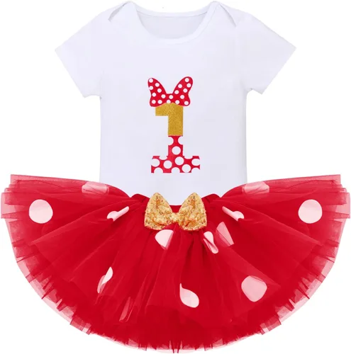 Vista 5 de IBTOM CASTLE Vestido de 1er cumpleaños para niñas con diseño de pastel y falda tutú de lunares, sandalias descalzas para fotografía