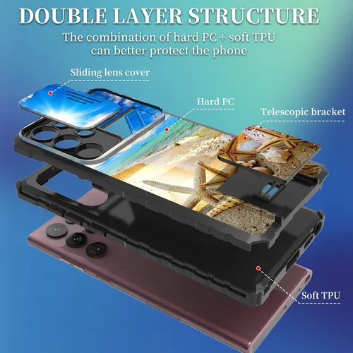Vista 6 de FUYOCWE Funda para Samsung Galaxy S22 Ultra con cubierta para cámara deslizante, resistente Defender Kickstand Protector de lente de cámara Funda