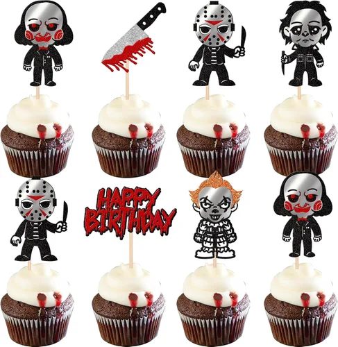 Vista 15 de 1 pieza de decoración de pastel de cumpleaños con purpurina montada con purpurina clásica de Halloween para torta de terror sangrienta temática