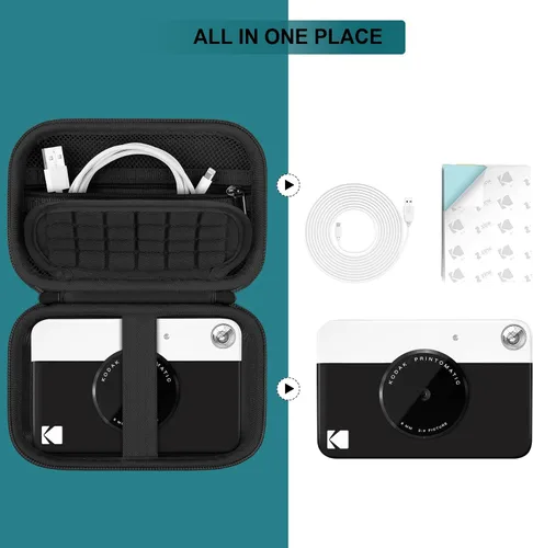 Vista 2 de Estuche rígido de viaje para cámara digital Kodak Printomatic a todo color, funda protectora con bolsillo de malla para cable USB, papel Negro